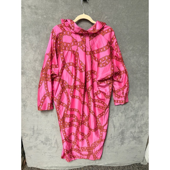SundayUp Pink Chain Print Long Sleeve Collared Midi Dress L - Picture 5 of 9